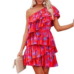 Endless Rose red floral One Shoulder Mini Dress Tiered Ruffle NEW summer